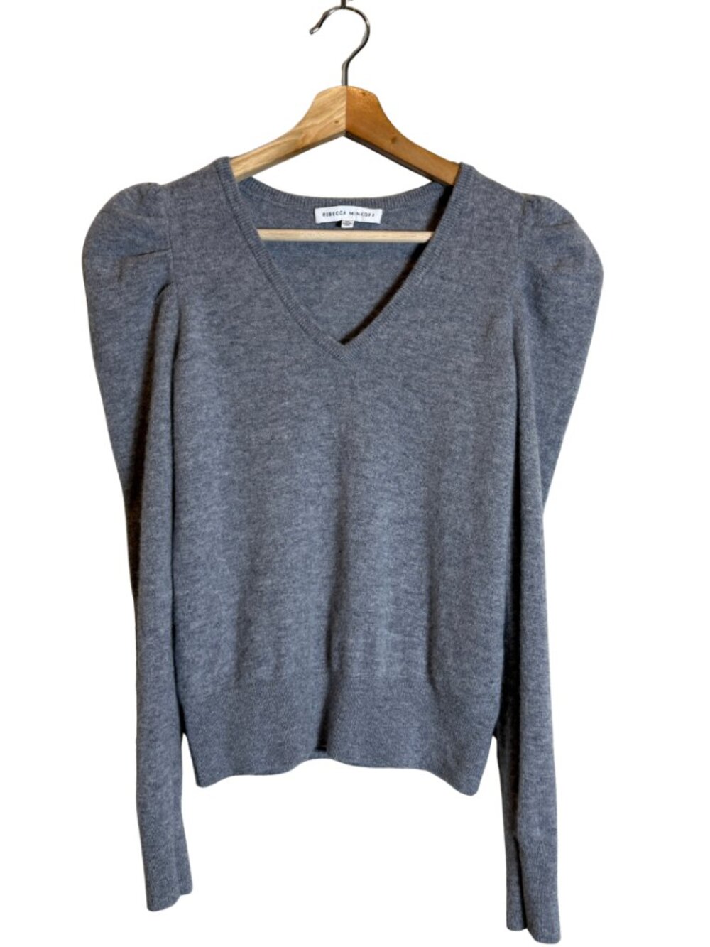 Rebecca Minkoff Janine Wool Puff Sleeve V-Neck Sweater Pullover Women's XS Gray - Picture 4 of 15